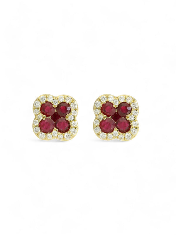 Ruby & Diamond Flower Halo Stud Earrings in 18ct Yellow Gold