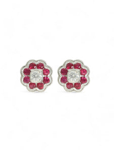 Ruby & Diamond Flower Cluster Stud Earrings in 18ct White Gold