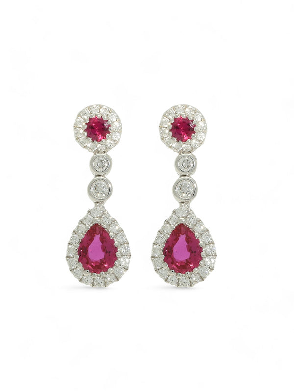 Ruby & Diamond Cluster Drop Earrings in 18ct White Gold