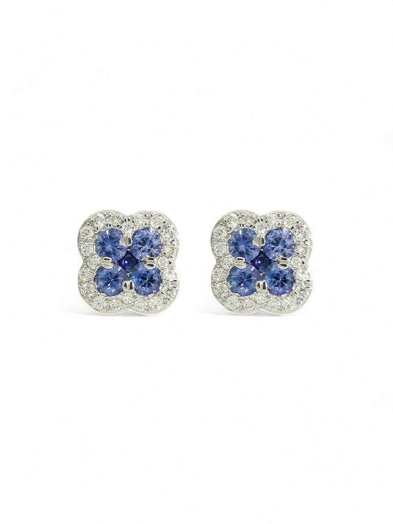 Sapphire & Diamond Flower Cluster Stud Earrings in 18ct White Gold