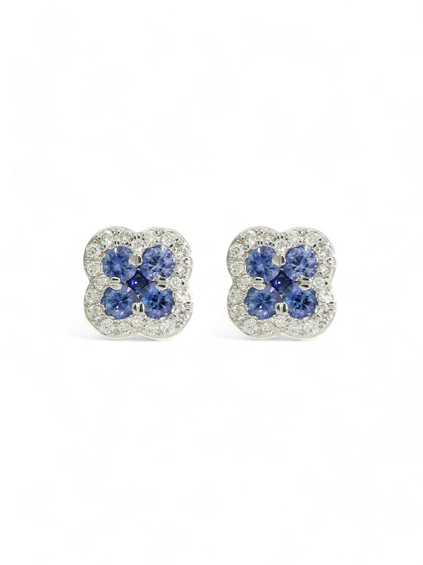 Sapphire & Diamond Flower Cluster Stud Earrings in 18ct White Gold