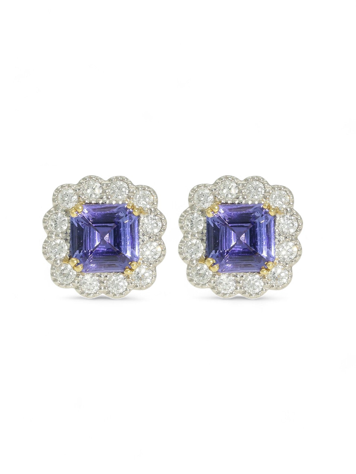 Tanzanite and Diamond Cluster Stud Earrings in 18ct Yellow and White Gold