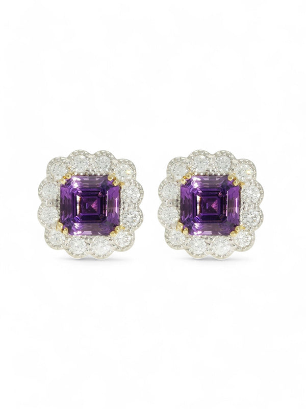 Amethyst and Diamond Cluster Stud Earrings in 18ct Yellow and White Gold