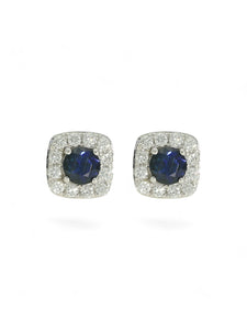 Sapphire & Diamond Cushion Shape Cluster Earrings in 18ct White Gold