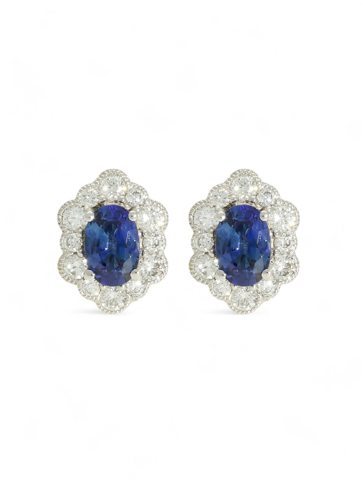 Sapphire & Diamond Milgrain Cluster Stud Earrings in 18ct White Gold