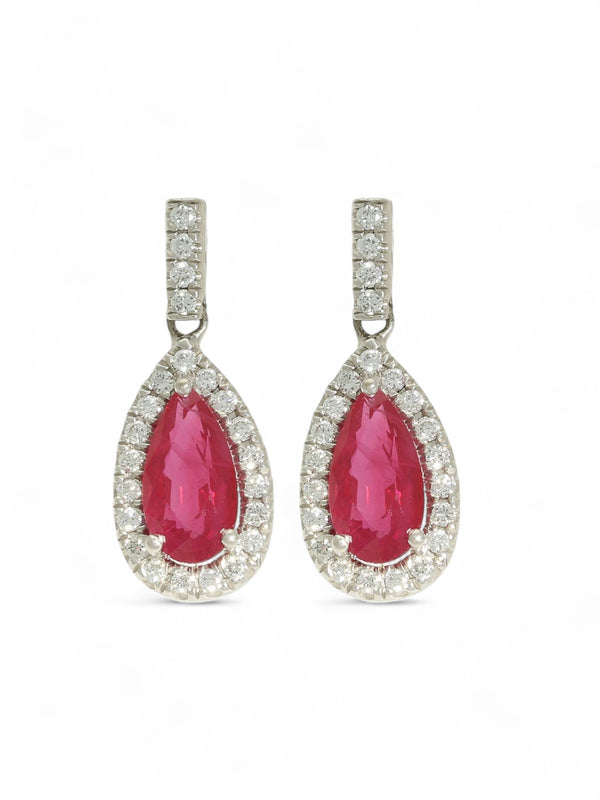 Ruby & Diamond Pear Cluster Drop Earrings in 18ct White Gold