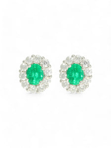 Emerald & Diamond Cluster Earrings in 18ct White Gold