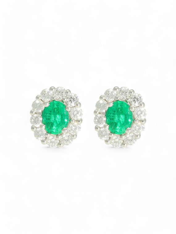 Emerald & Diamond Cluster Earrings in 18ct White Gold