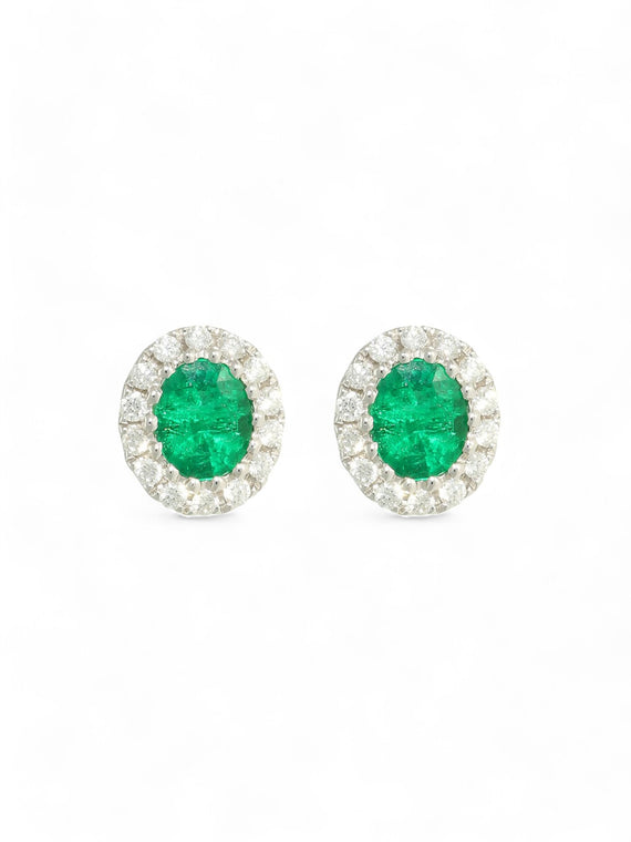 Emerald & Diamond Cluster Earrings in 18ct White Gold