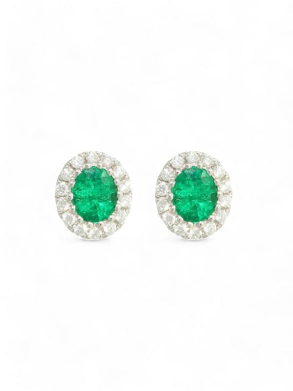 Emerald & Diamond Cluster Earrings in 18ct White Gold