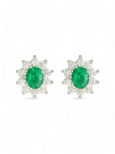 Emerald & Diamond Oval Cluster Stud Earrings in 18ct Yellow & White Gold