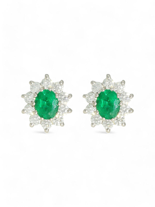 Emerald & Diamond Oval Cluster Stud Earrings in 18ct Yellow & White Gold