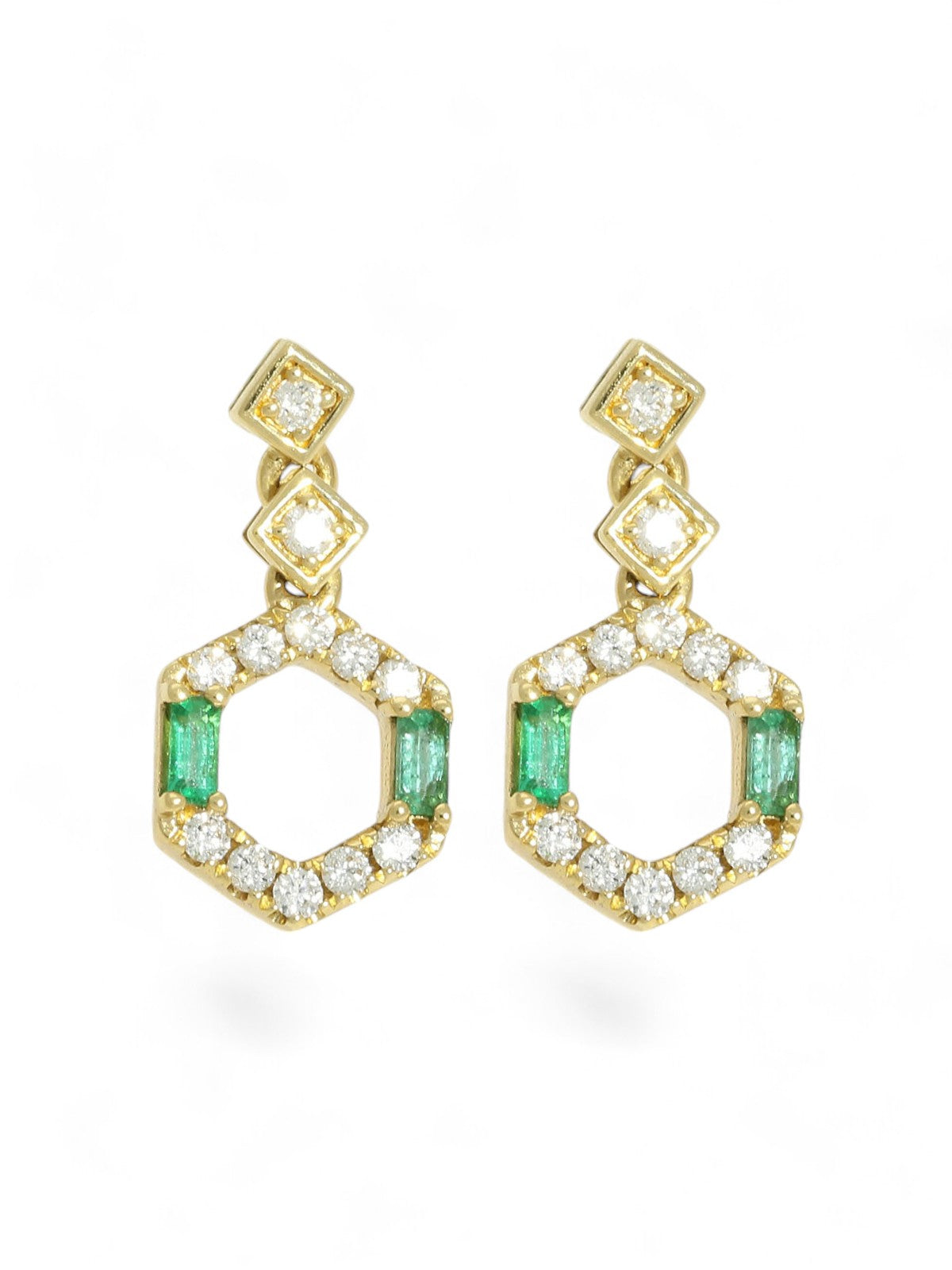 Emerald & Diamond Hexagon Drop Stud Earrings in 18ct Yellow Gold