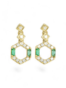 Emerald & Diamond Hexagon Drop Stud Earrings in 18ct Yellow Gold