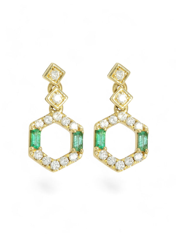 Emerald & Diamond Hexagon Drop Stud Earrings in 18ct Yellow Gold