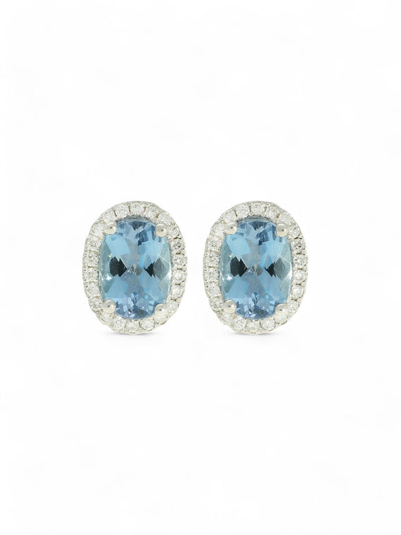 Aquamarine & Diamond Cluster Stud Earrings in 18ct White Gold