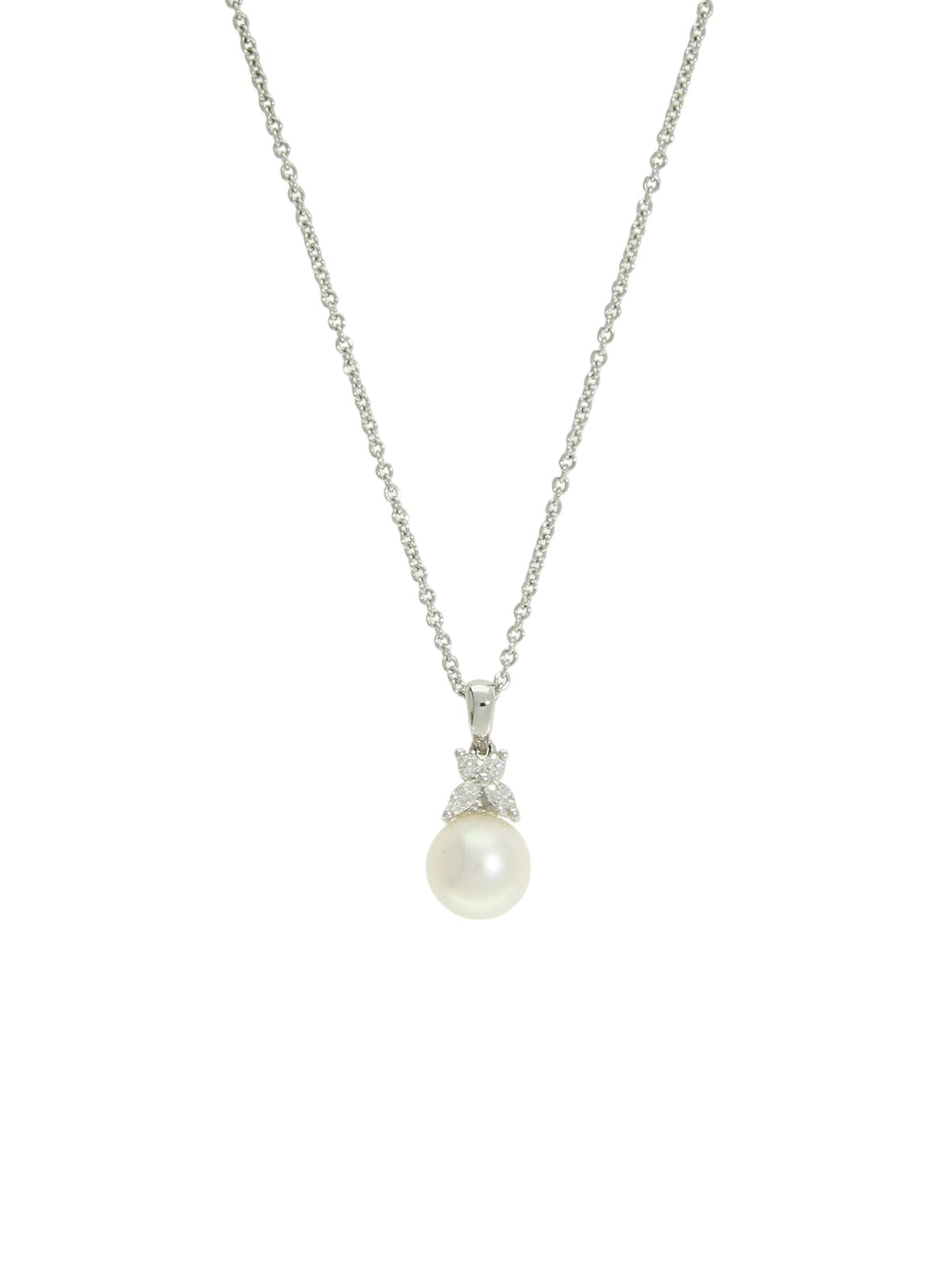 White Cultured Pearl and Diamond Pendant Necklace in 18ct White Gold