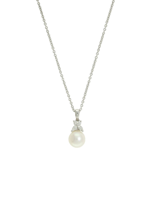 White Cultured Pearl and Diamond Pendant Necklace in 18ct White Gold