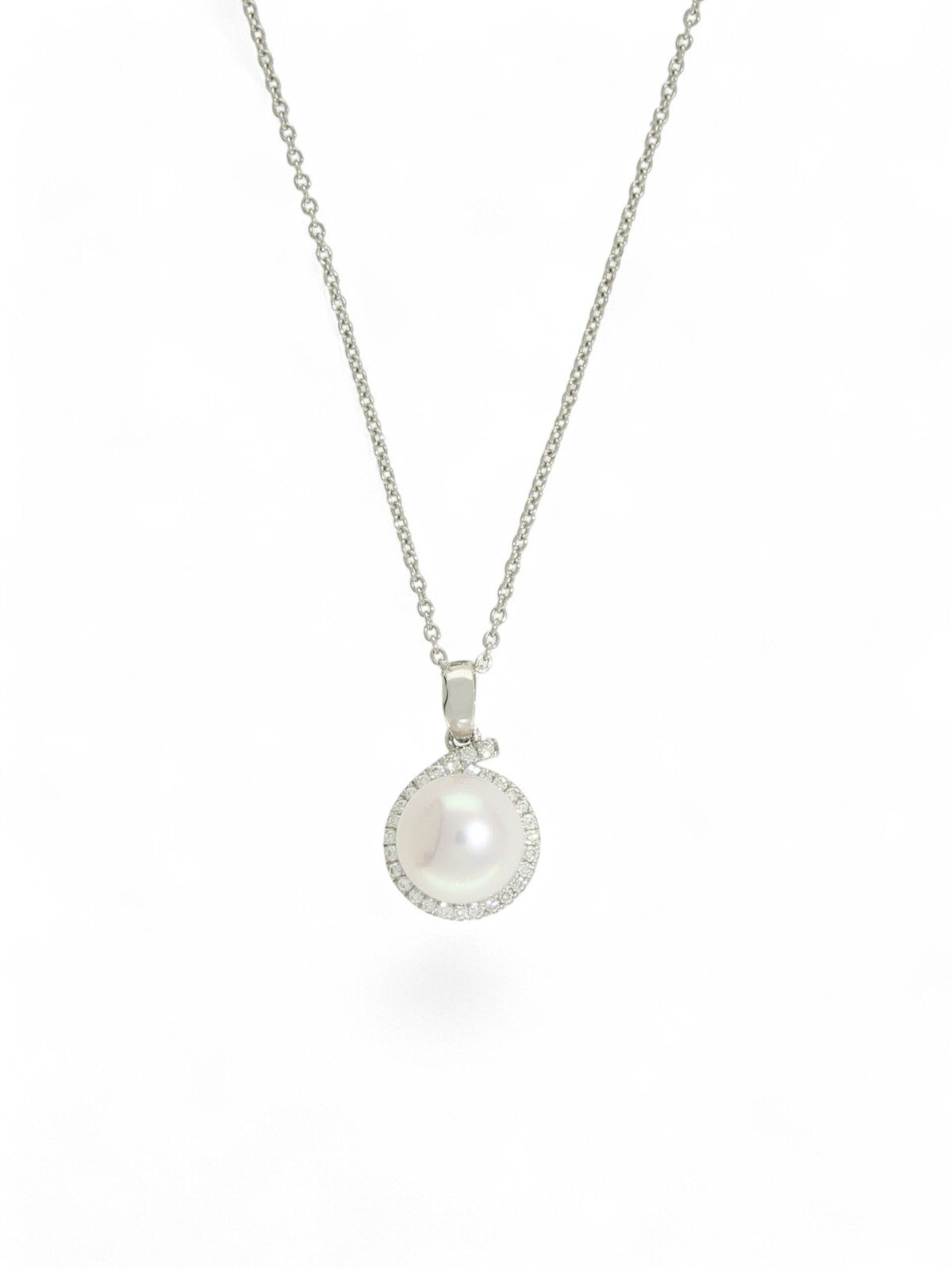 White Cultured Pearl and Diamond Pendant Necklace in 9ct White Gold