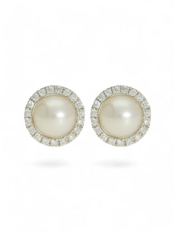 White Freshwater Pearl and Diamond Earrings in 18ct White Gold