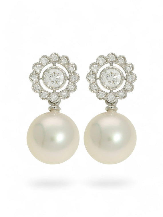 Pearl and Diamond Cluster Drop Earrings in 18ct White Gold