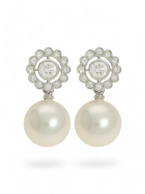 Pearl and Diamond Cluster Drop Earrings in 18ct White Gold