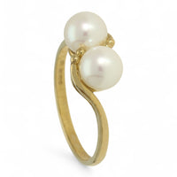 White Double Cultured Pearl Ring in 9ct Yellow Gold