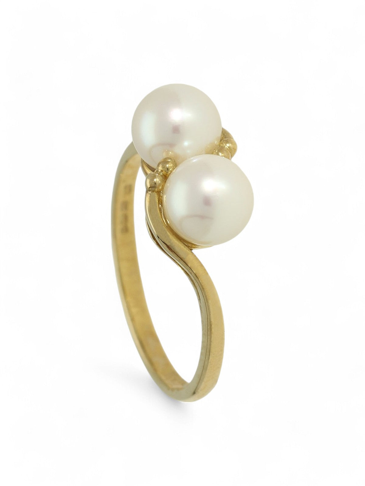 White Double Cultured Pearl Ring in 9ct Yellow Gold