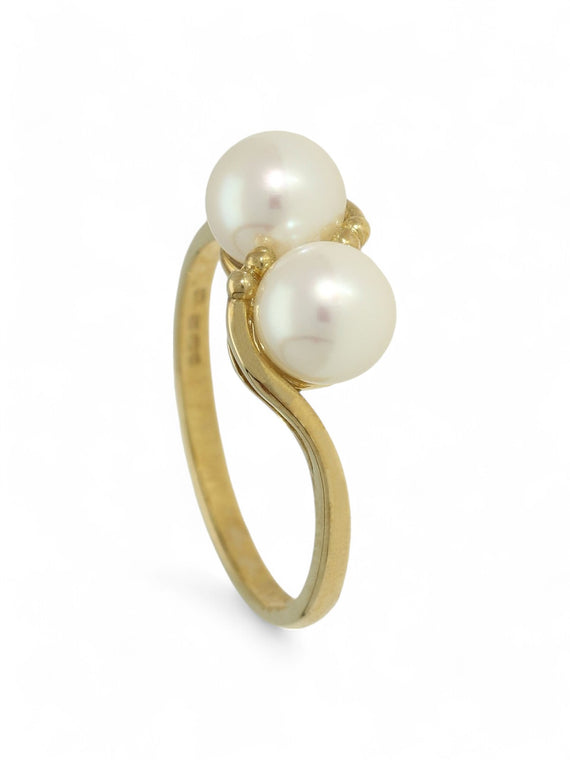 White Double Cultured Pearl Ring in 9ct Yellow Gold