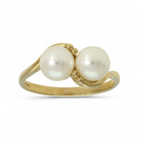 White Double Cultured Pearl Ring in 9ct Yellow Gold