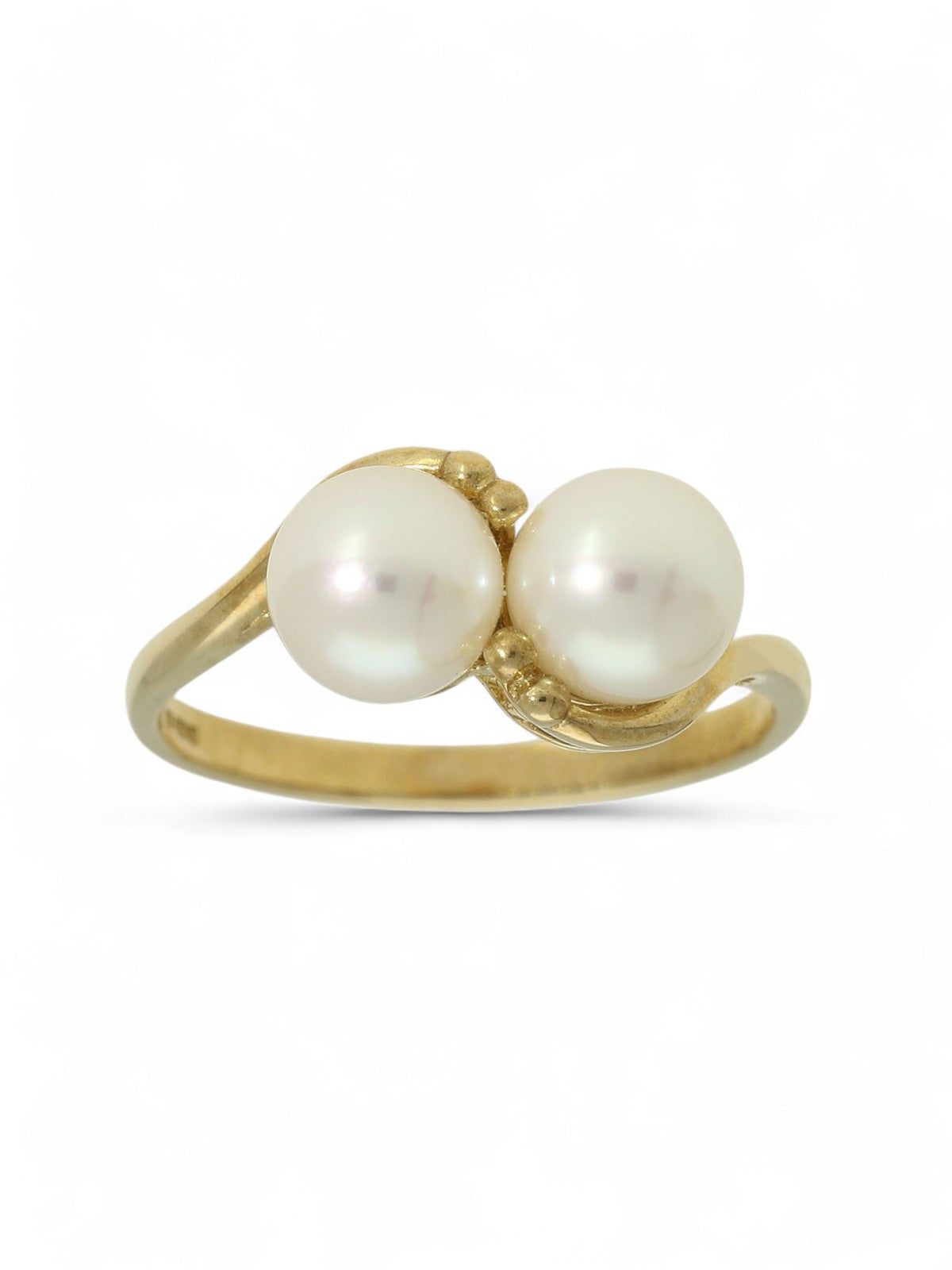 White Double Cultured Pearl Ring in 9ct Yellow Gold