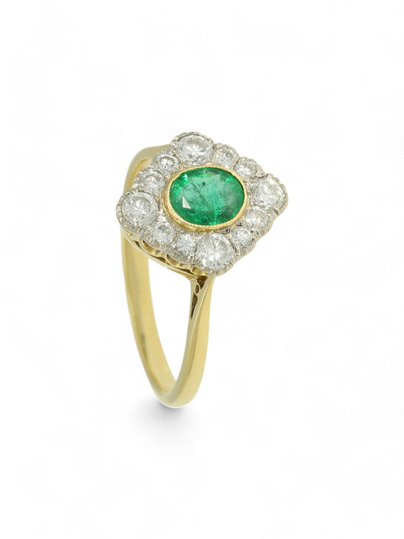 SALE Pre Owned Emerald and Diamond Cluster Ring in 18ct Yellow Gold