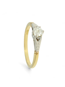 SALE Pre Owned Diamond Solitaire Ring 0.40ct Old Victorian Cut in 18ct Yellow and White Gold with Patterned Shoulders