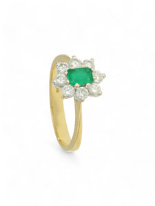 Pre Owned Emerald & Diamond Cluster Ring in 18ct Yellow and White Gold