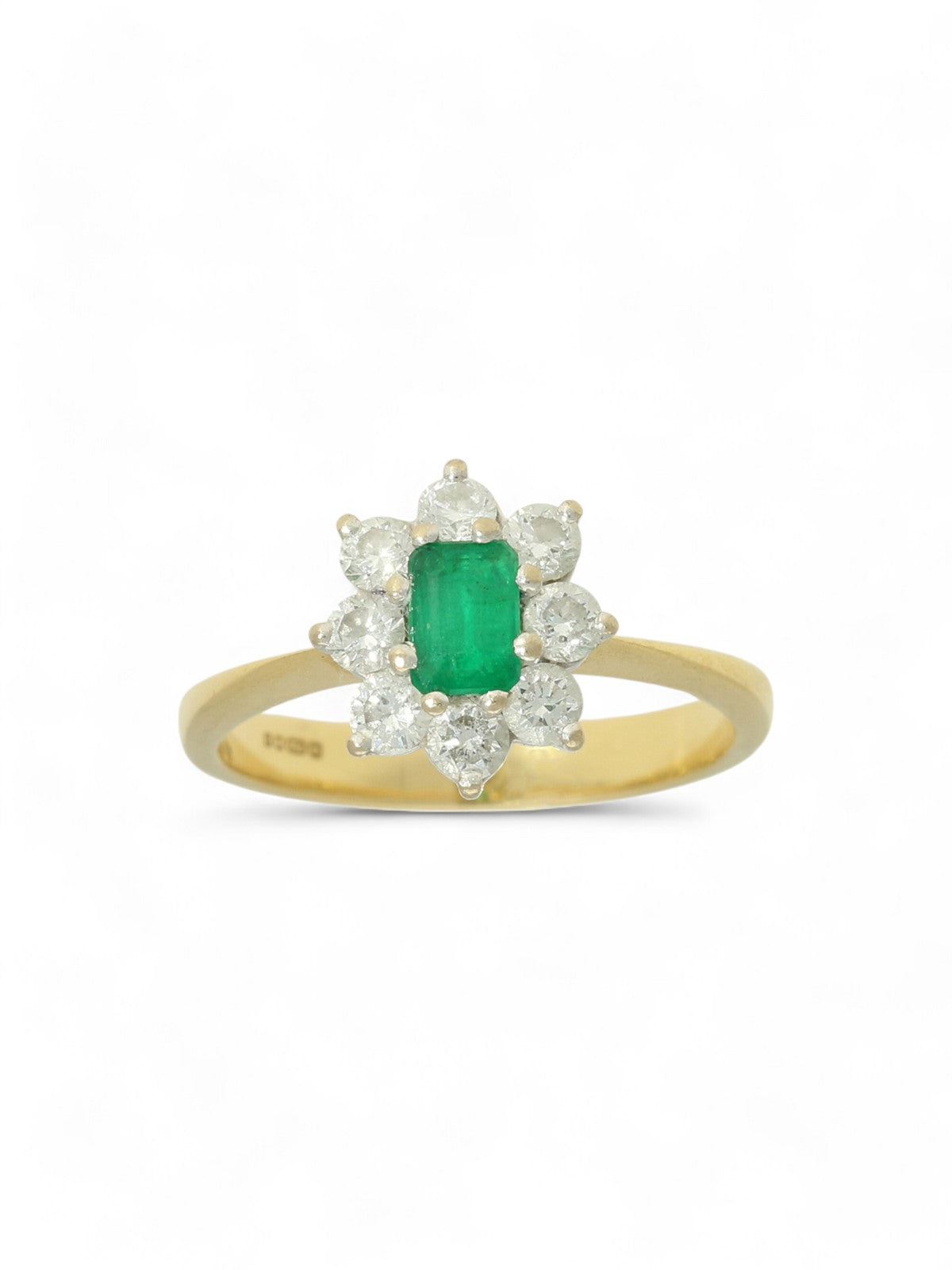 Pre Owned Emerald & Diamond Cluster Ring in 18ct Yellow and White Gold