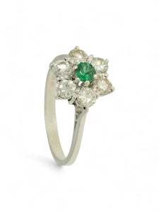 Pre Owned Emerald & Diamond Cluster Ring in 18ct White Gold