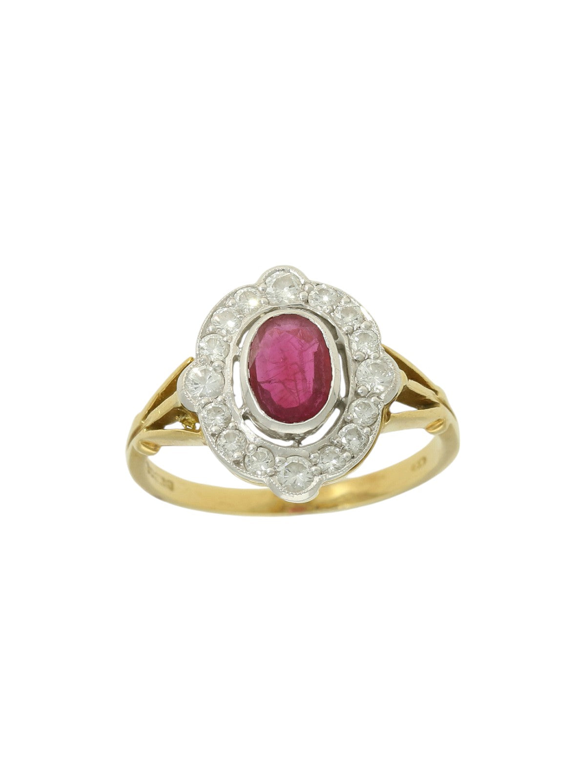 Pre Owned Ruby & Diamond Cluster Ring in 18ct Yellow and White Gold