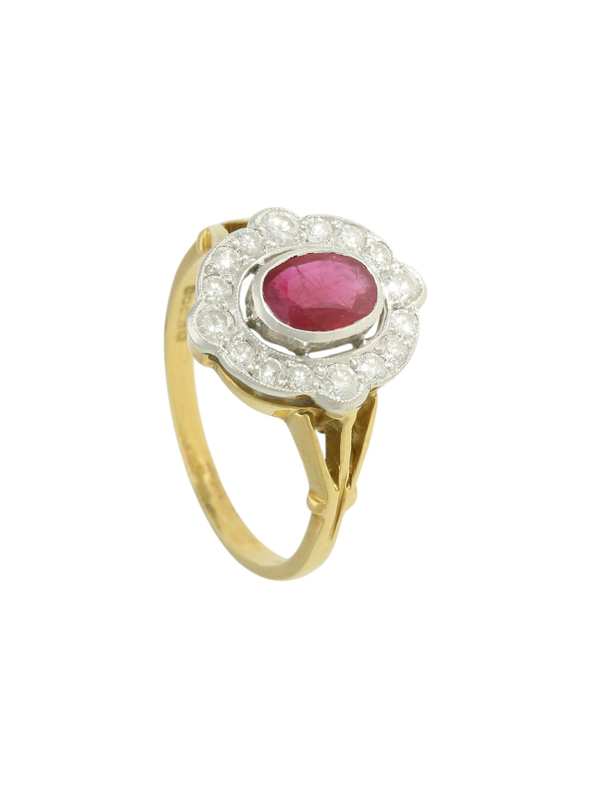 Pre Owned Ruby & Diamond Cluster Ring in 18ct Yellow and White Gold