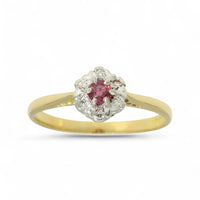 Pre Owned Ruby & Diamond Cluster Ring in 18ct Yellow Gold