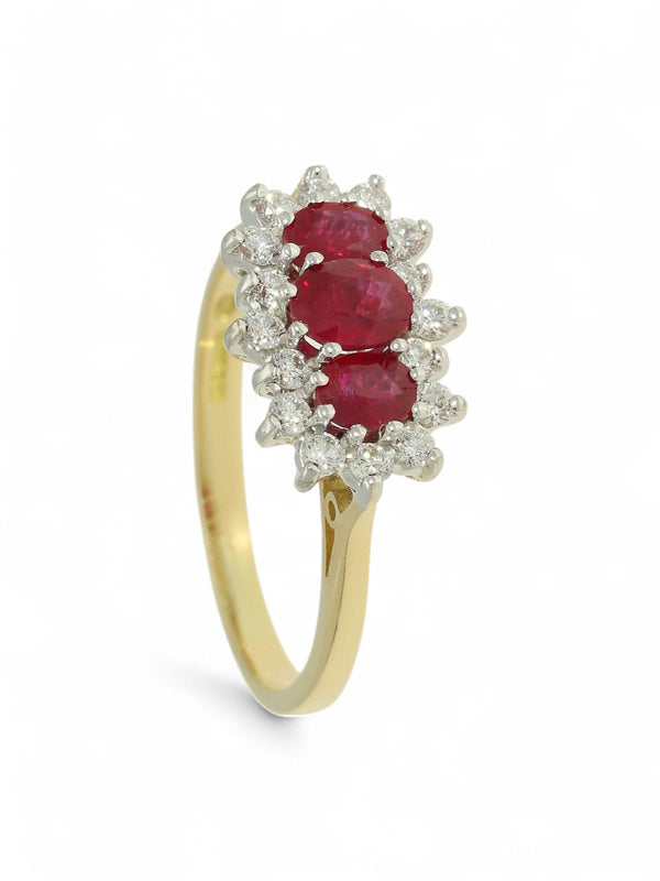 Pre Owned Ruby & Diamond Cluster Ring in 18ct Yellow & White Gold