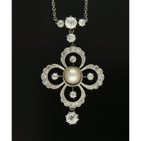 Pre Owned Diamond & Pearl Edwardian Floral Pendant Necklace in Platinum