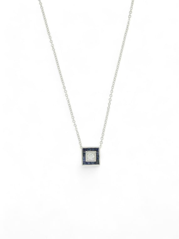 Pre Owned Sapphire & Diamond Square Pendant Necklace in 18ct White Gold