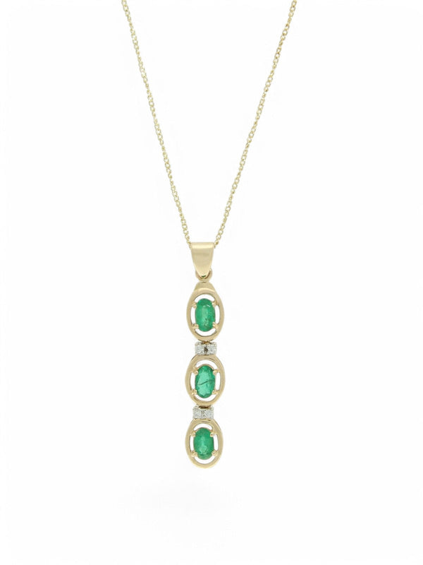 Pre Owned Emerald & Diamond Drop Pendant Necklace in 14ct Yellow Gold