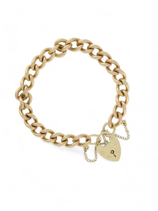 Pre Owned Curb Bracelet with Heart Padlock in 9ct Yellow Gold