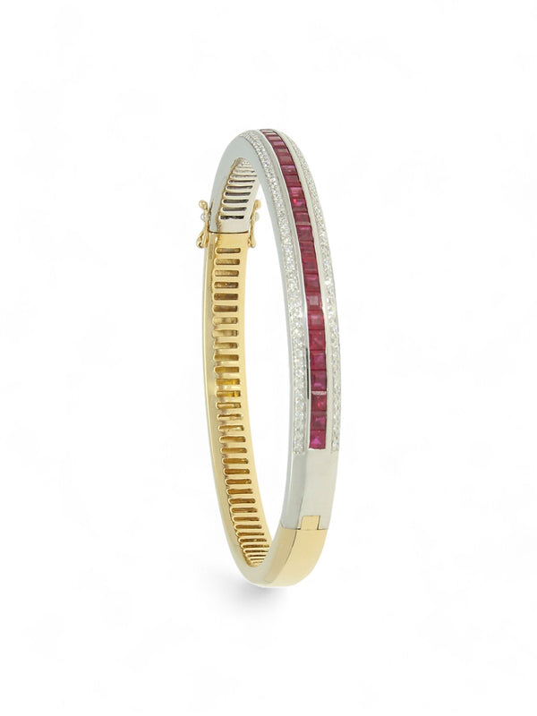 Pre Owned Ruby & Diamond Bangle in 18ct Yellow and White Gold