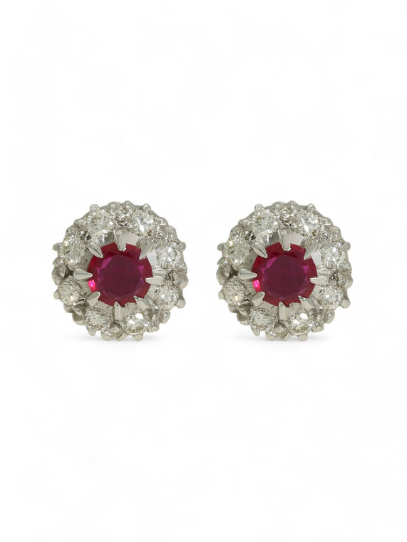 Pre Owned Ruby and Diamond Cluster Stud Earrings in Yellow and White Gold