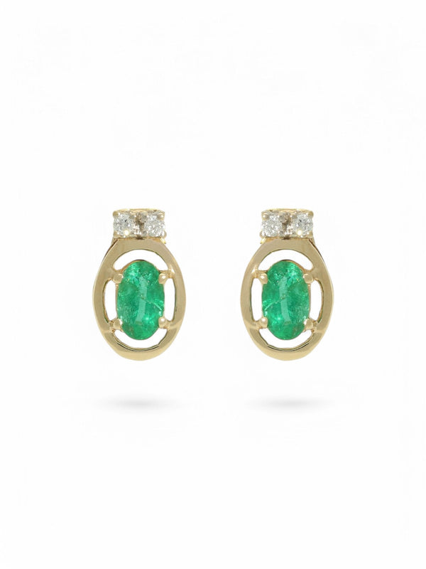 Pre Owned Emerald & Diamond Oval Stud Earrings in 18ct Yellow Gold