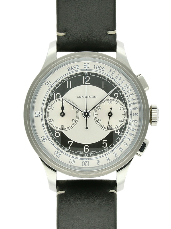 Pre Owned Longines Steel Heritage Classic Chronograph Automatic Watch on Black Leather Strap 40mm