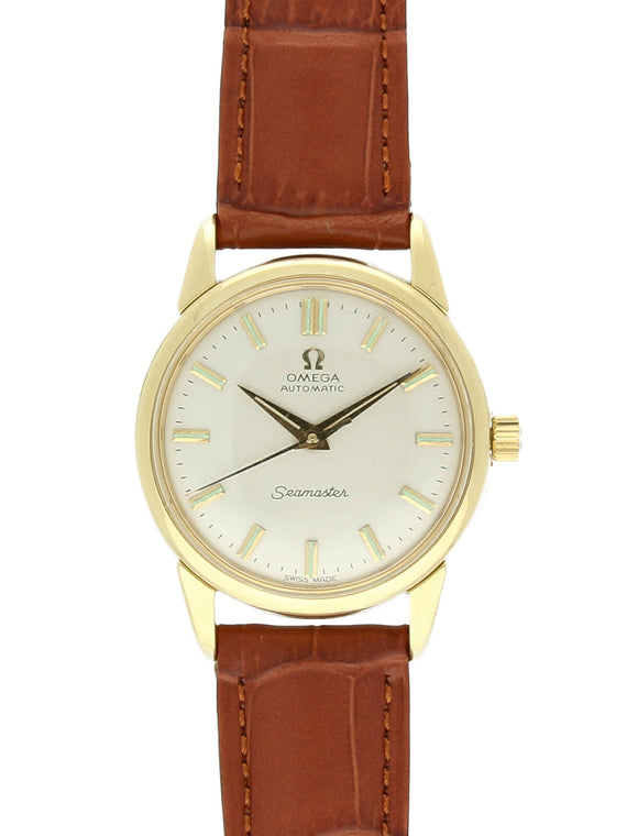 Pre Owned Omega Seamaster Vintage 18ct Yellow Gold Automatic Watch on Brown Leather Strap