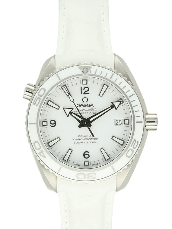 Pre Owned Omega Seamaster Co-Axial Steel Automatic 42mm Watch on White Leather Strap